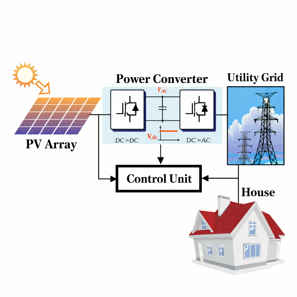Grid-connected solar power system simulated in PV syst supplying electricity to home and utility grid
