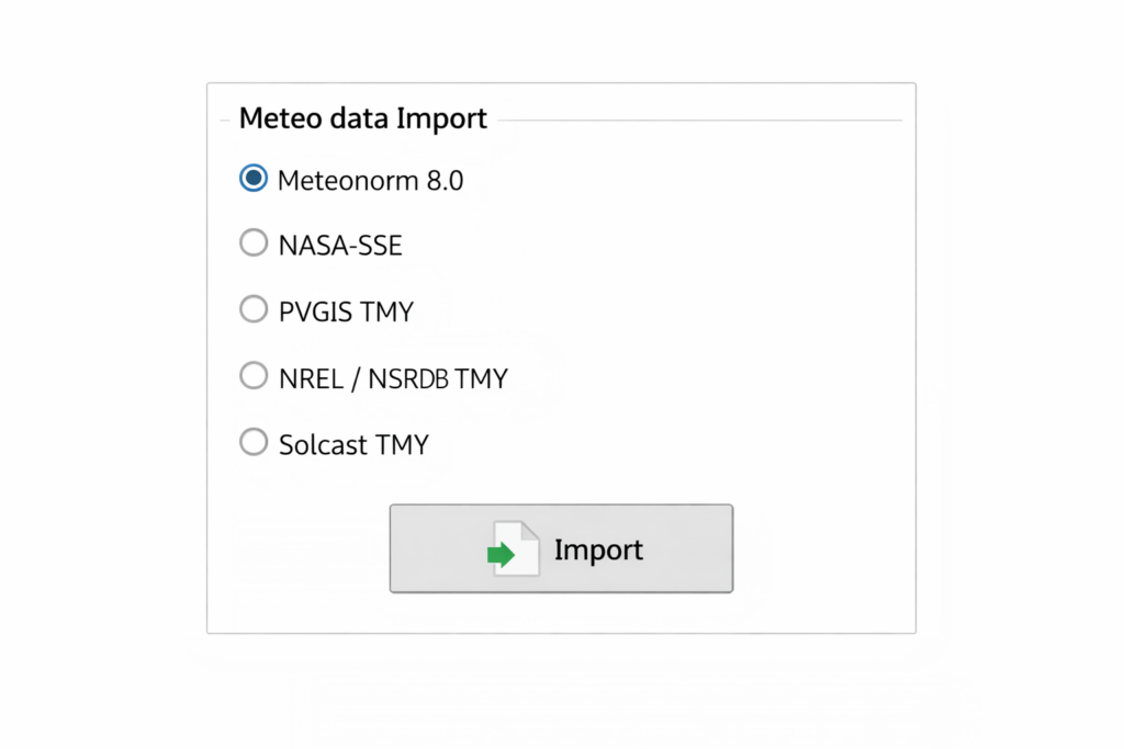 PVsyst system design inputs including orientation, shading, losses and simulation settings