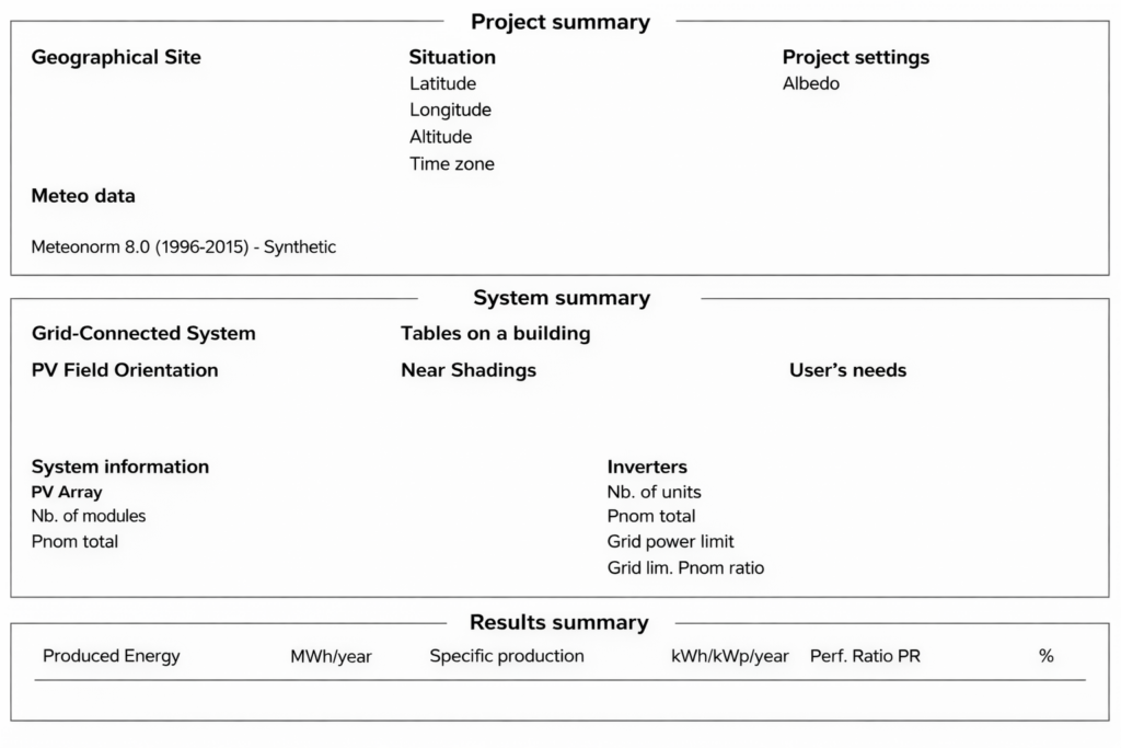 PVsyst report first page showing project summary, system summary and results overview