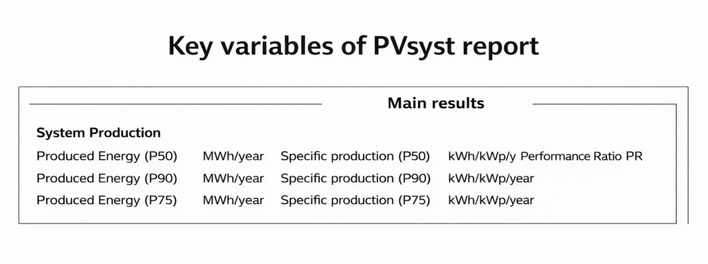 PVsyst main results showing annual energy production, specific yield and performance ratio