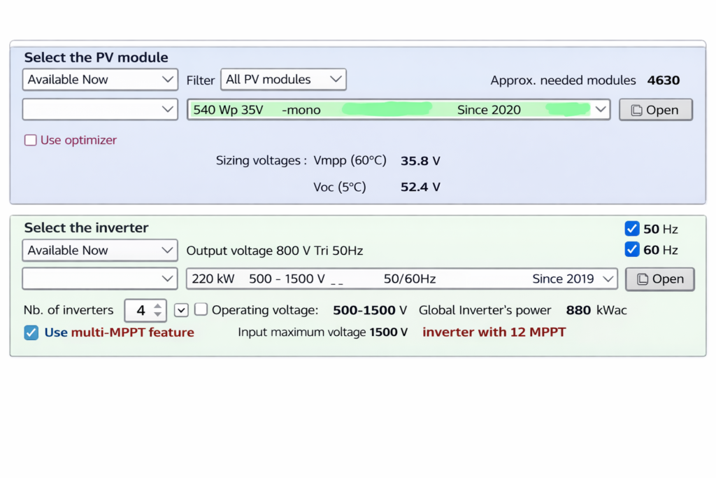 System parameter configuration panel including array and inverter setup.