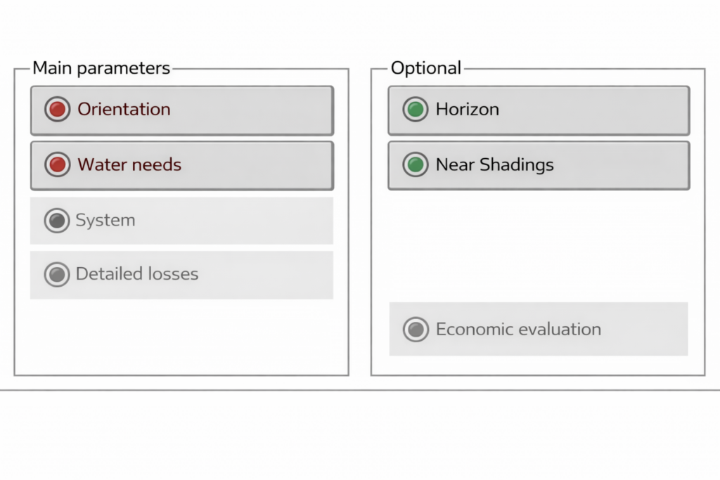 Pumping PV system results overview showing water pumped and efficiency.